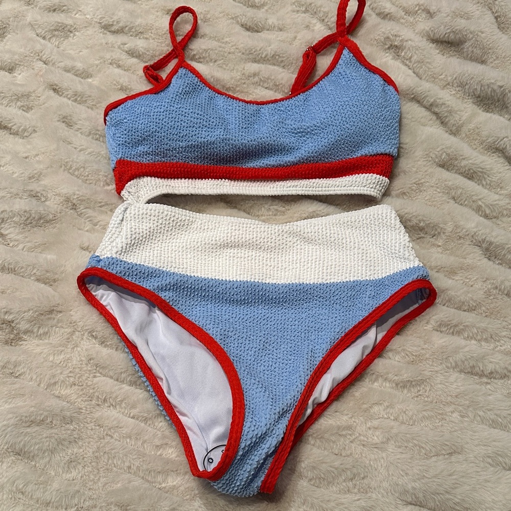 Pink Lily Blue White and Red Crochet High-Waist Bikini